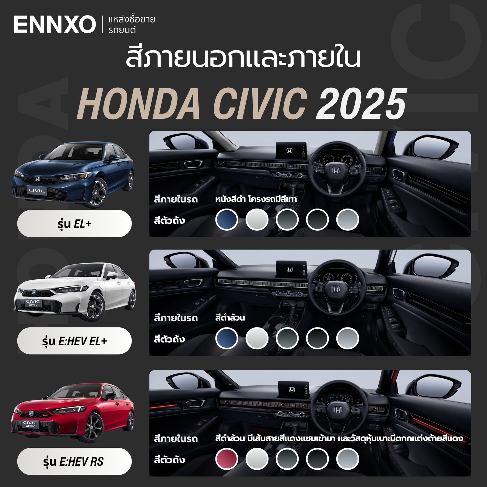 Honda Civic 2025 สีรถและสีภายในของแต่ละรุ่น