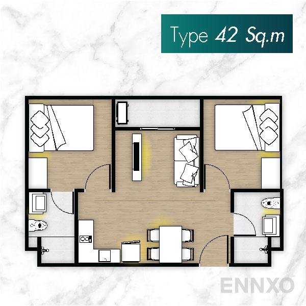 รูปแปลนห้อง Type E ของโครงการ โมเดิร์น คอนโด เดอะ ฟอเรสท์ พระราม 2 - เอกชัย