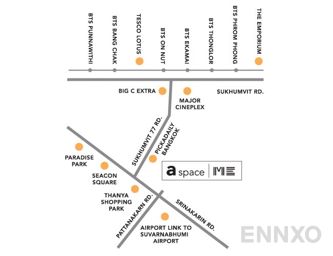 ภาพแผนที่แสดงที่ตั้งโครงการ A Space Me Sukhumvit 77 และสถานที่โดยรอบ