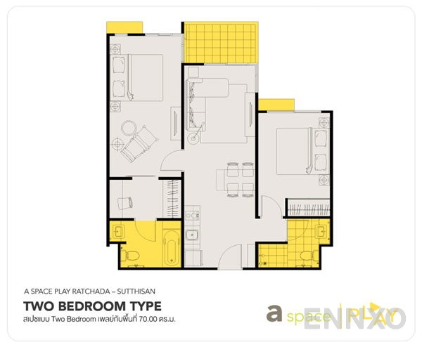 รูปแปลนห้อง 2 Bedroom ของโครงการ เอ สเปซ เพลย์ รัชดา-สุทธิสาร