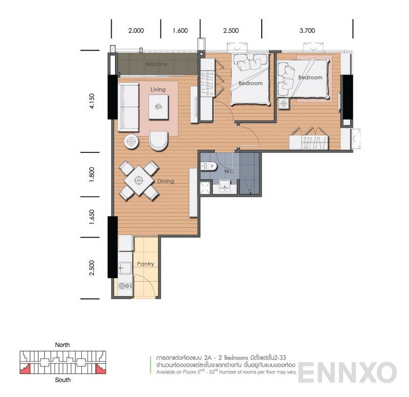 รูปแปลนห้อง 2 Bedrooms ของโครงการ แอ็บสแตร็กส์ พหลโยธิน พาร์ค