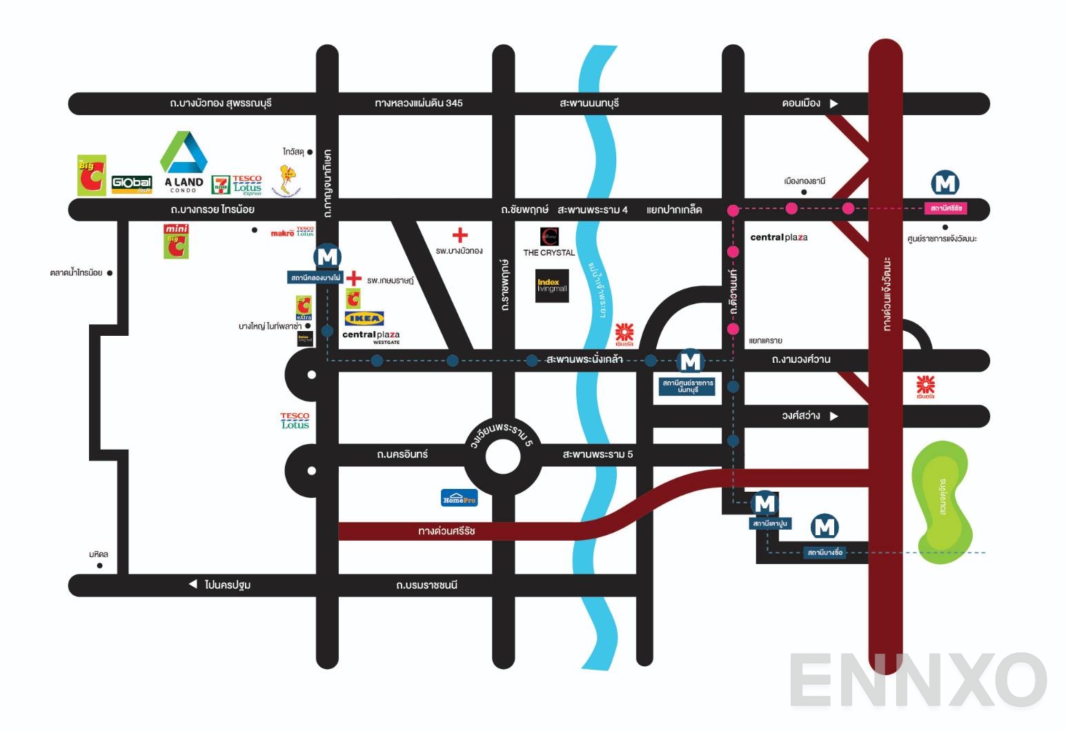 ภาพแผนที่แสดงที่ตั้งโครงการ ALAND CONDO SAINOI - WESTGATE 2 และสถานที่โดยรอบ
