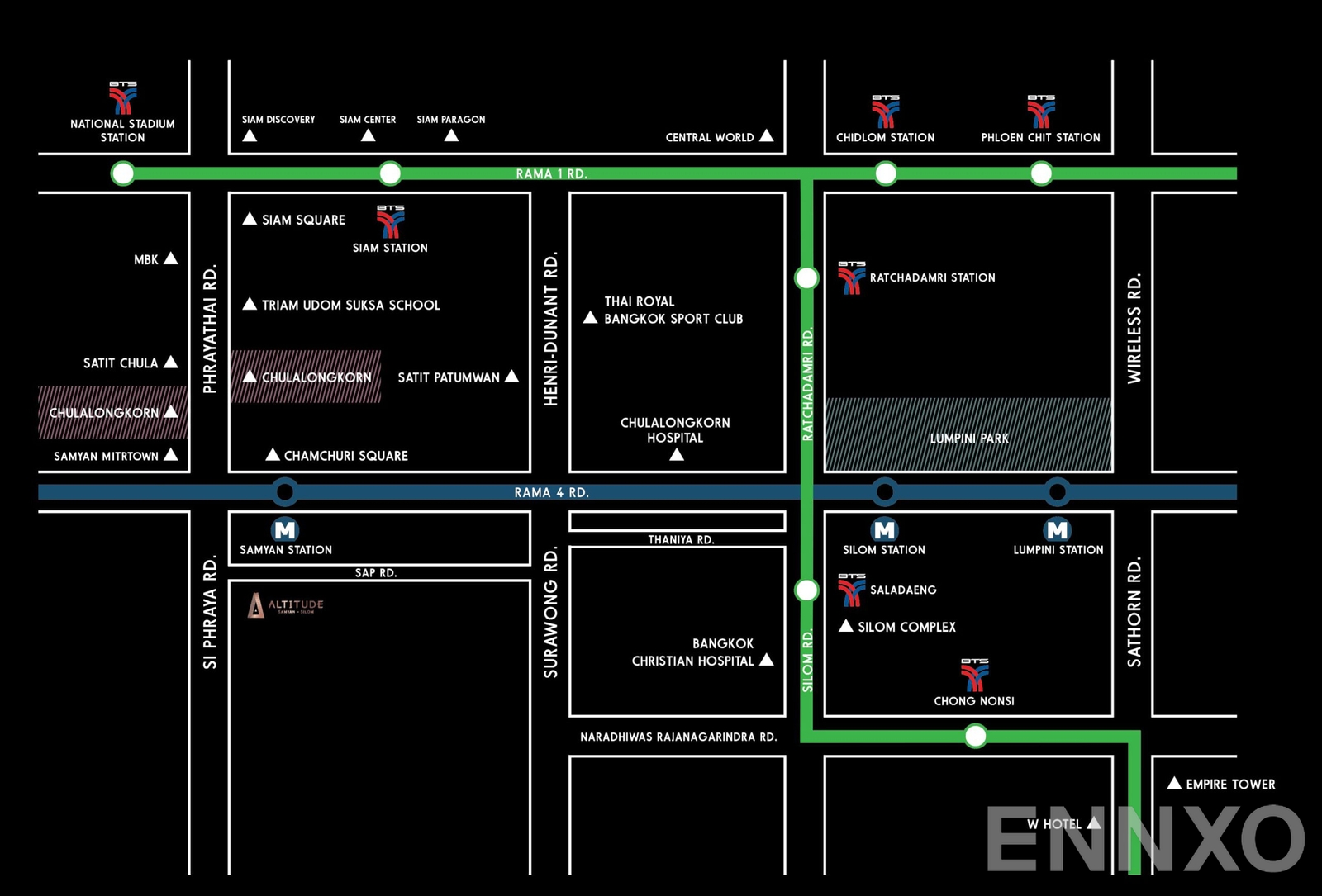 ภาพแผนที่แสดงที่ตั้งโครงการ Altitude Samyan - Silom
(อัลติจูด สามย่าน - สีลม) และสถานที่โดยรอบ