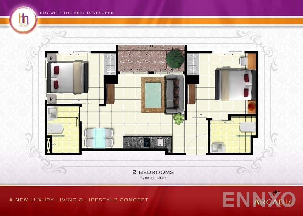 รูปแปลนห้อง Type B ของโครงการ อาคาเดีย บีช รีสอร์ท