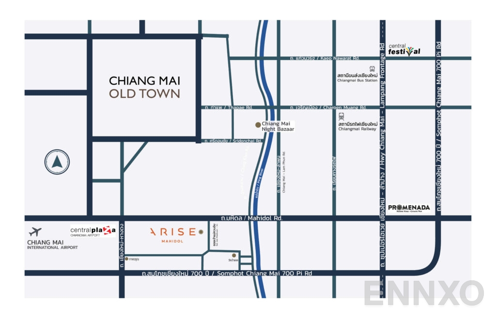 ภาพแผนที่แสดงที่ตั้งโครงการ Arise Mahidol
(อะไรซ์ มหิดล เชียงใหม่) และสถานที่โดยรอบ