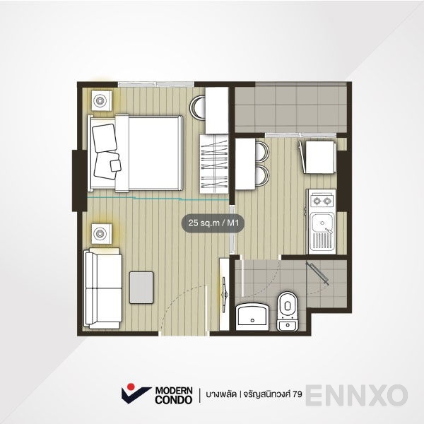 รูปแปลนห้อง 1 Bedroom ของโครงการ อาร์เทม บางพลัด-จรัญ 79