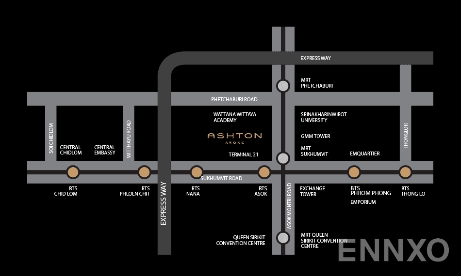 ภาพแผนที่แสดงที่ตั้งโครงการ แอชตัน อโศก และสถานที่โดยรอบ