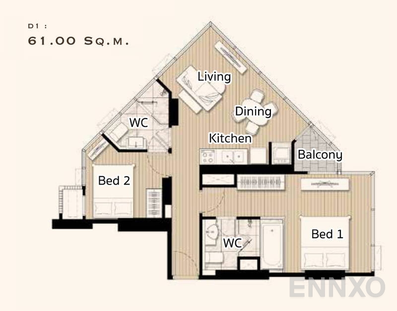 รูปแปลนห้อง 2 Bedrooms ของโครงการ แอชตัน อโศก - พระราม 9