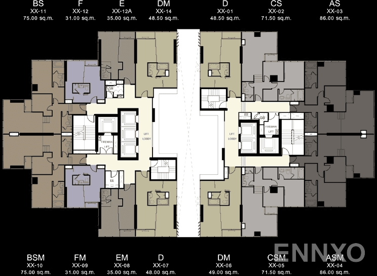 แปลนชั้น 11st, 12nd, 15th, 17th, 19th, 21st Floor ของโครงการ แอชตัน สีลม