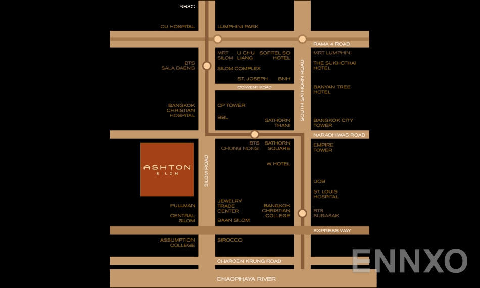 ภาพแผนที่แสดงที่ตั้งโครงการ Ashton Silom
(แอชตัน สีลม) และสถานที่โดยรอบ