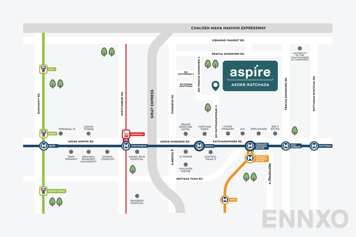 ภาพแผนที่แสดงที่ตั้งโครงการ Aspire Asoke-Ratchada
(แอสปาย อโศก - รัชดา) และสถานที่โดยรอบ