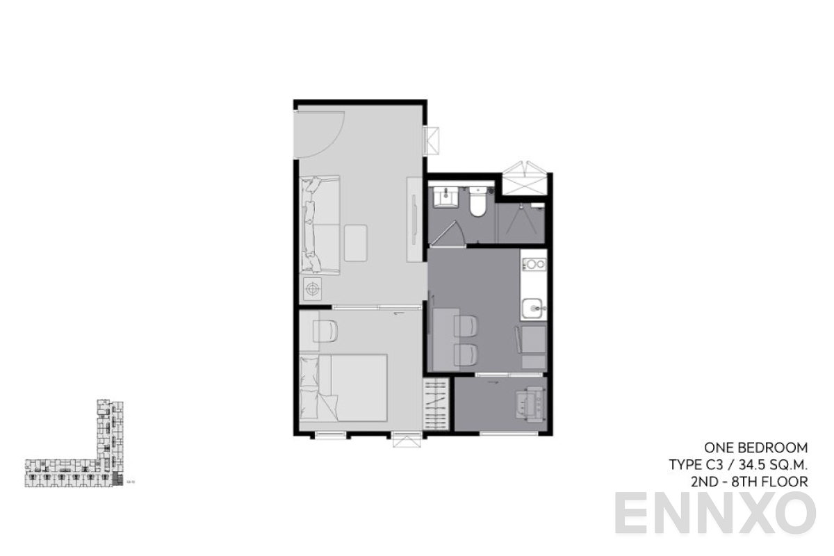 รูปแปลนห้อง Type C 34.5 SQ.M._3 ของโครงการ แอสปาย อโศก - รัชดา