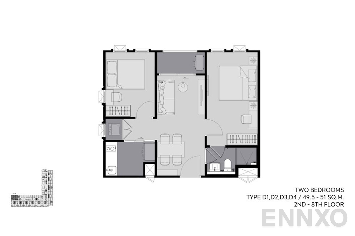 รูปแปลนห้อง Type D 49.5-51 SQ.M. ของโครงการ แอสปาย อโศก - รัชดา