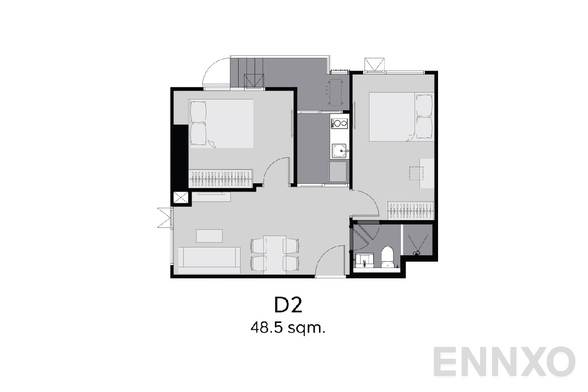 รูปแปลนห้อง D2 48.5 sq.m. ของโครงการ Aspire Erawan Prime