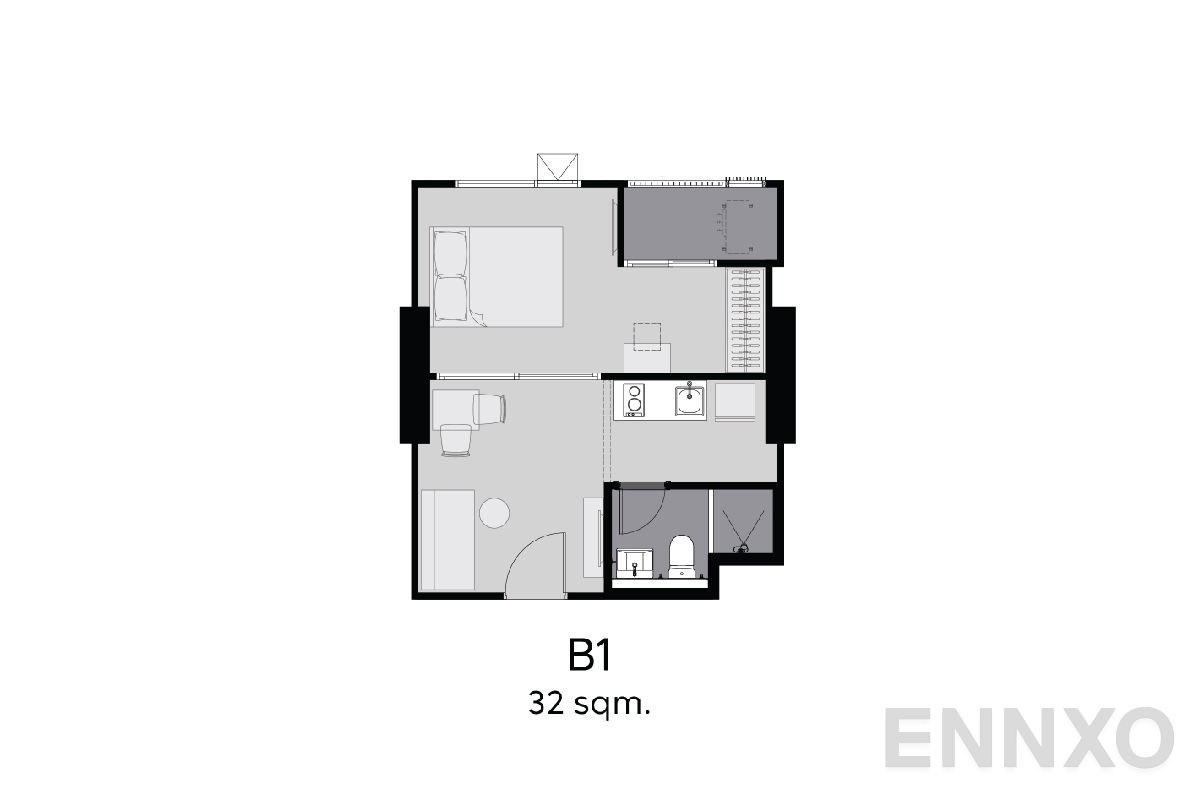 รูปแปลนห้อง B1 32 sq.m. ของโครงการ Aspire Erawan Prime