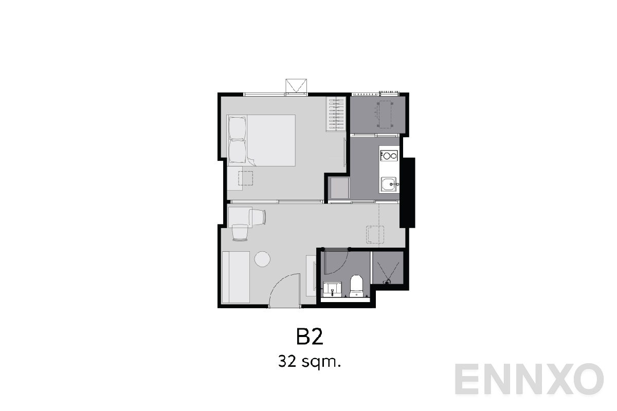 รูปแปลนห้อง B2 32 sq.m. ของโครงการ Aspire Erawan Prime