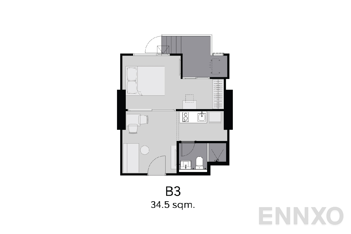 รูปแปลนห้อง B3 34.5 sq.m. ของโครงการ Aspire Erawan Prime