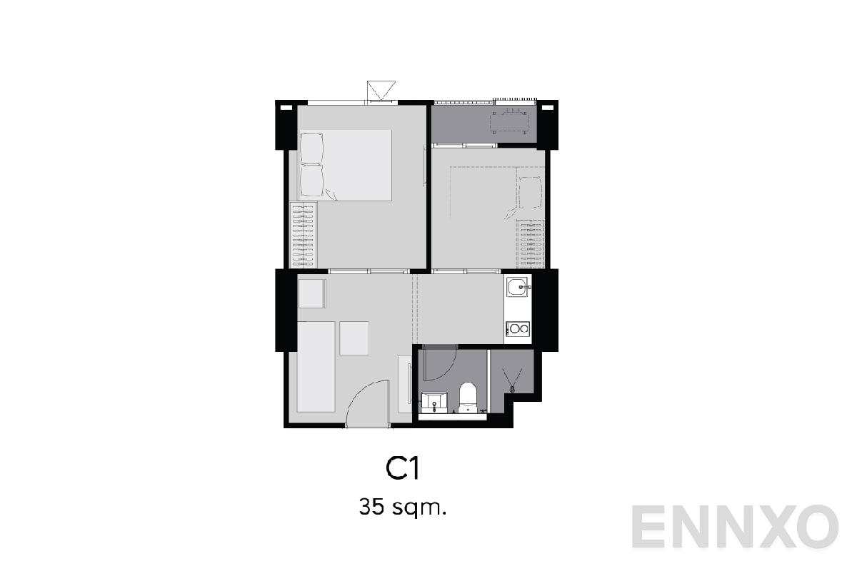 รูปแปลนห้อง C1 35 sq.m. ของโครงการ Aspire Erawan Prime