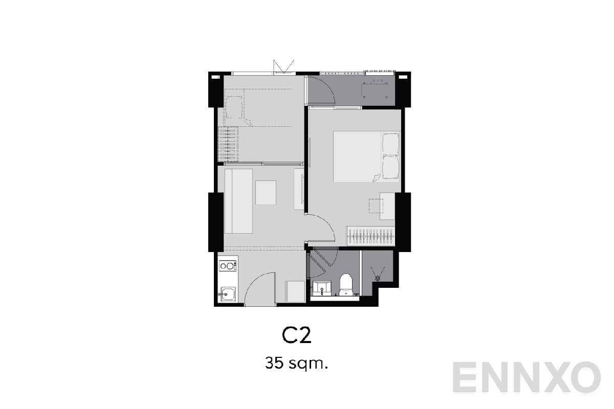 รูปแปลนห้อง C2 35 sq.m ของโครงการ Aspire Erawan Prime