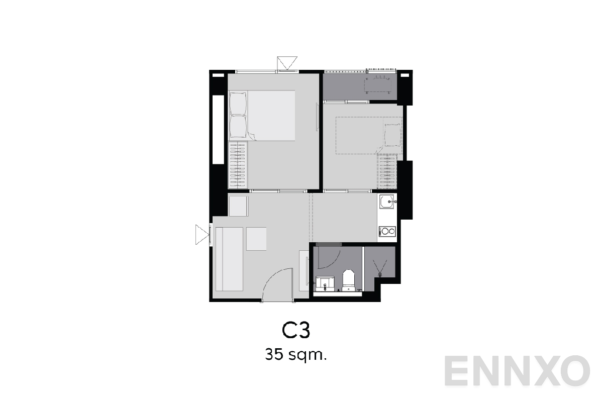 รูปแปลนห้อง C3 35 sq.m. ของโครงการ Aspire Erawan Prime