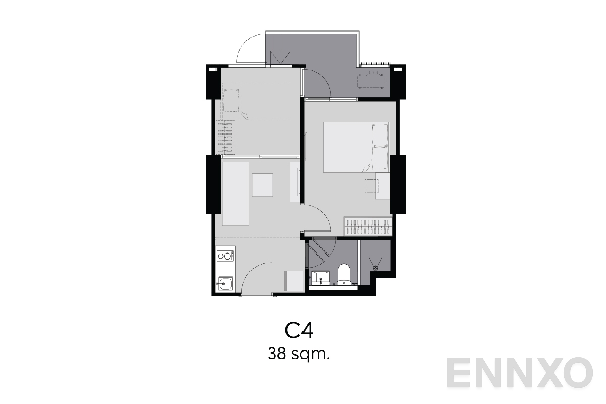 รูปแปลนห้อง C4 38 sq.m. ของโครงการ Aspire Erawan Prime