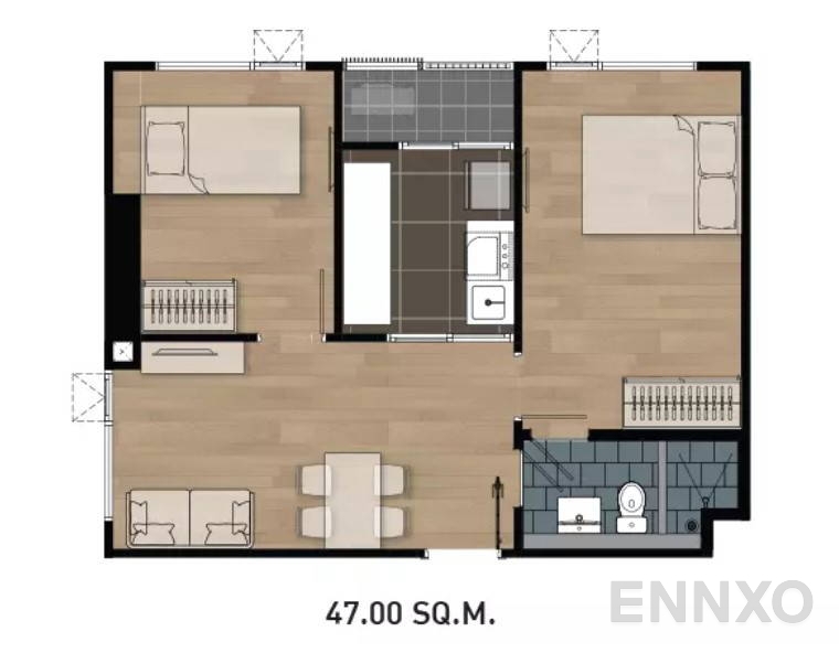 รูปแปลนห้อง 2 Bedroom ของโครงการ Aspire Erawan