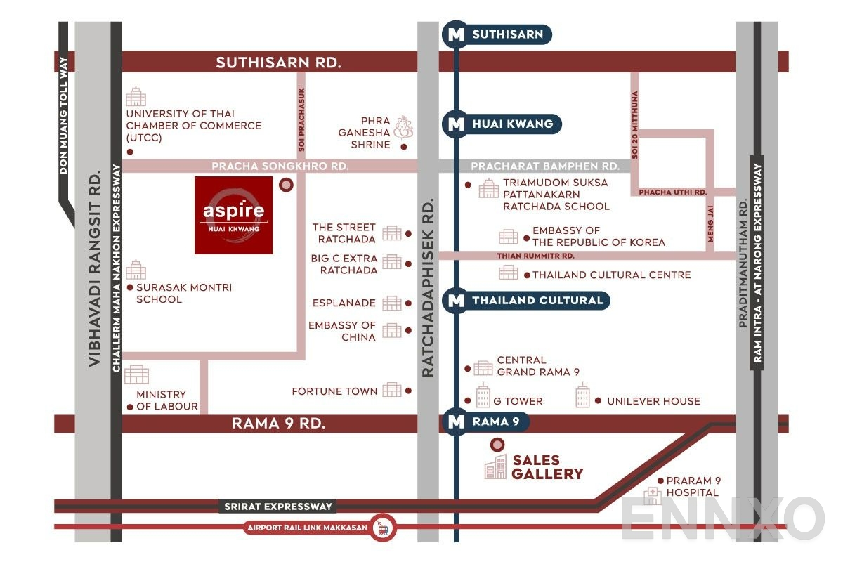 ภาพแผนที่แสดงที่ตั้งโครงการ ASPIRE Huai Khwang และสถานที่โดยรอบ