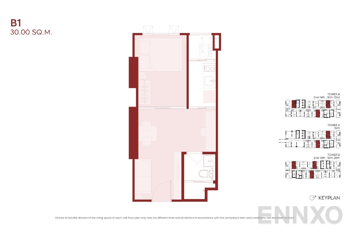 รูปแปลนห้อง B1 ของโครงการ ASPIRE Huai Khwang