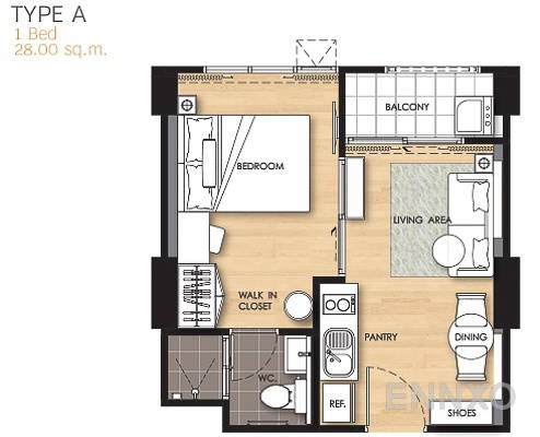 รูปแปลนห้อง 1 Bedroom TYPE A ของโครงการ แอสไพร์ งามวงศ์วาน
