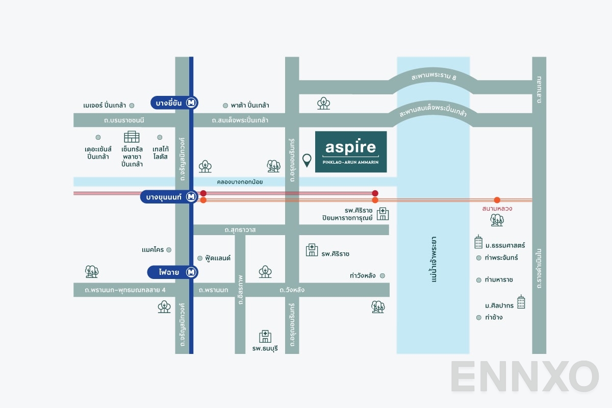 ภาพแผนที่แสดงที่ตั้งโครงการ Aspire  Pinklao - Arunammarin
(แอสปาย ปิ่นเกล้า - อรุณอมรินทร์) และสถานที่โดยรอบ