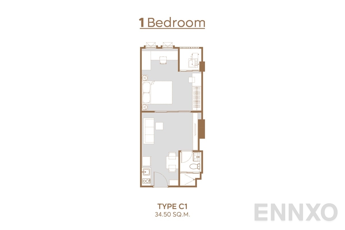 รูปแปลนห้อง Type C1 34.5 sq.m ของโครงการ แอสปาย ปิ่นเกล้า - อรุณอมรินทร์