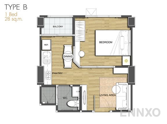 รูปแปลนห้อง 1 Bedroom TYPE B ของโครงการ แอสไพร์ พระราม 4