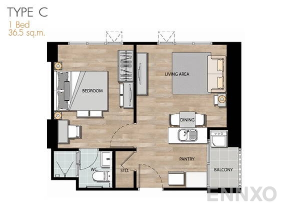 รูปแปลนห้อง 1 Bedroom TYPE C ของโครงการ แอสไพร์ พระราม 4