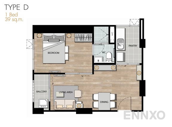 รูปแปลนห้อง 1 Bedroom TYPE D ของโครงการ แอสไพร์ พระราม 4