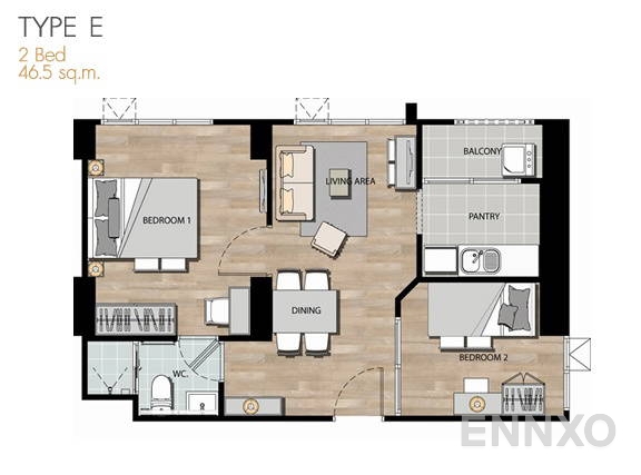 รูปแปลนห้อง 2 Bedroom TYPE E ของโครงการ แอสไพร์ พระราม 4