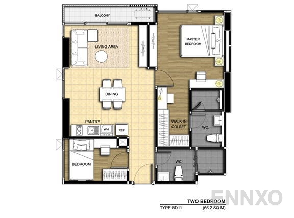 รูปแปลนห้อง 2 Bedroom ของโครงการ แอสไพร์ พระราม 9