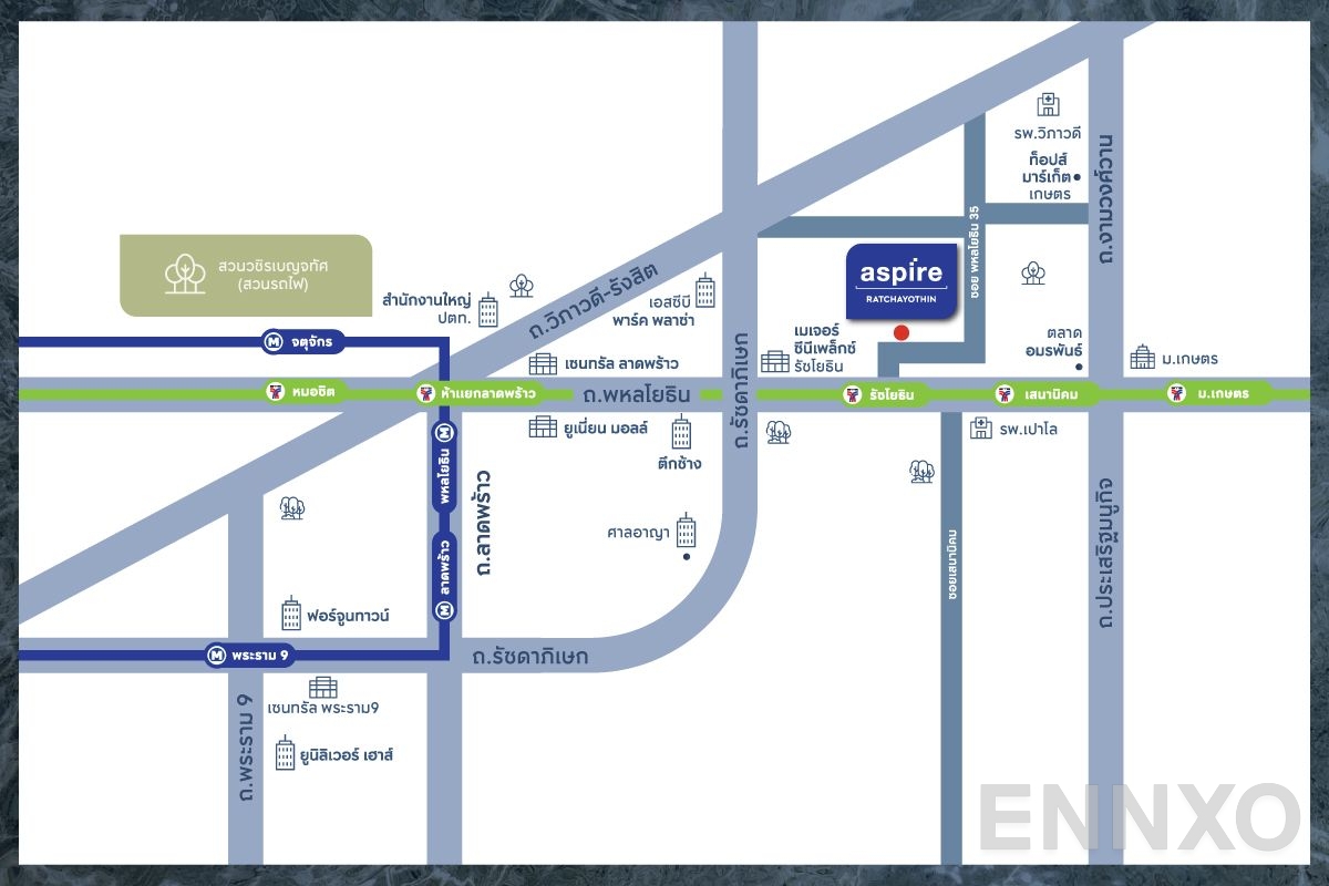 ภาพแผนที่แสดงที่ตั้งโครงการ Aspire Ratchayothin และสถานที่โดยรอบ
