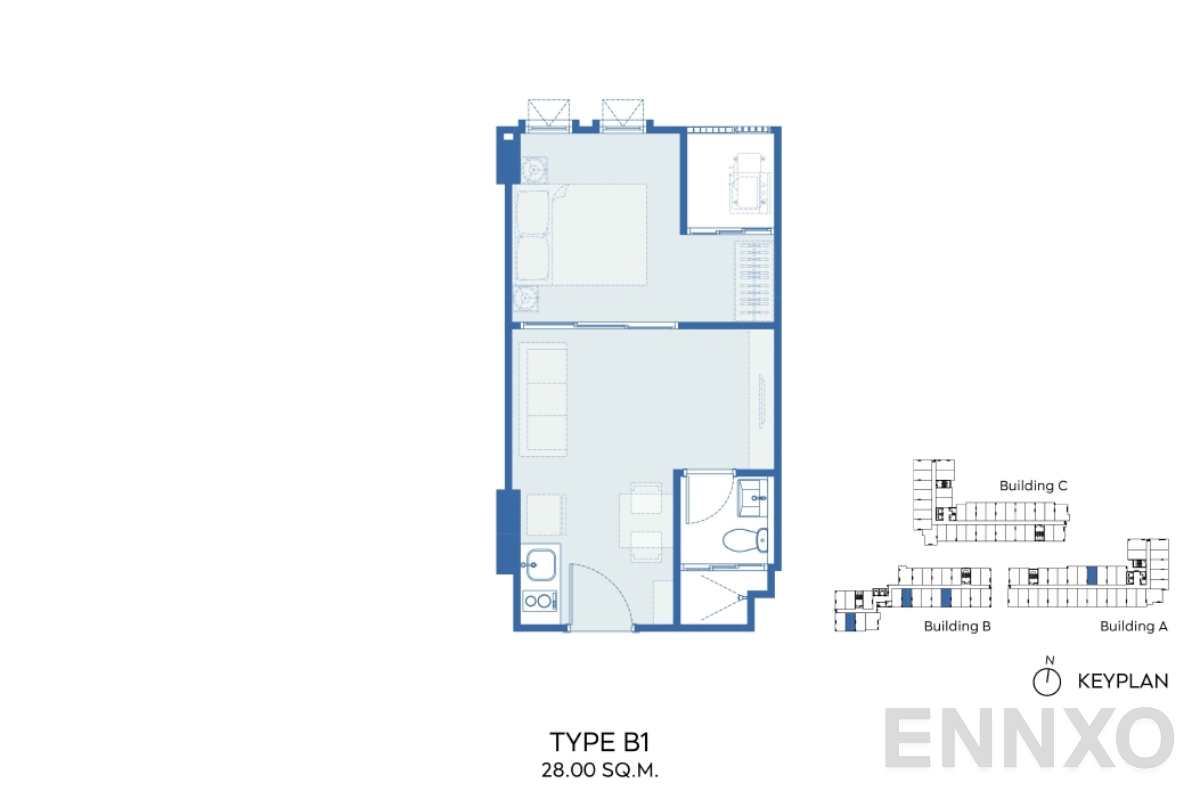 รูปแปลนห้อง TYPE B1 28 SQ.M. ของโครงการ Aspire Ratchayothin