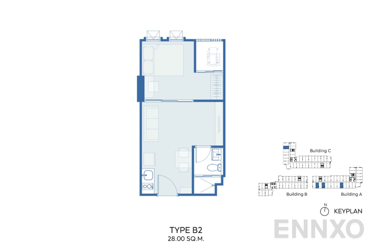 รูปแปลนห้อง TYPE B2 28 SQ.M. ของโครงการ Aspire Ratchayothin