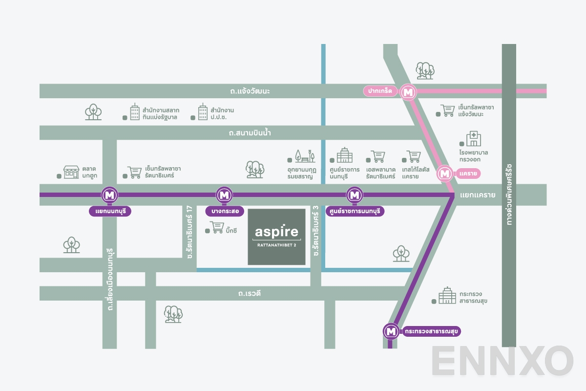 ภาพแผนที่แสดงที่ตั้งโครงการ Aspire Rattanathibet 2
(แอสปาย รัตนาธิเบศร์ 2) และสถานที่โดยรอบ