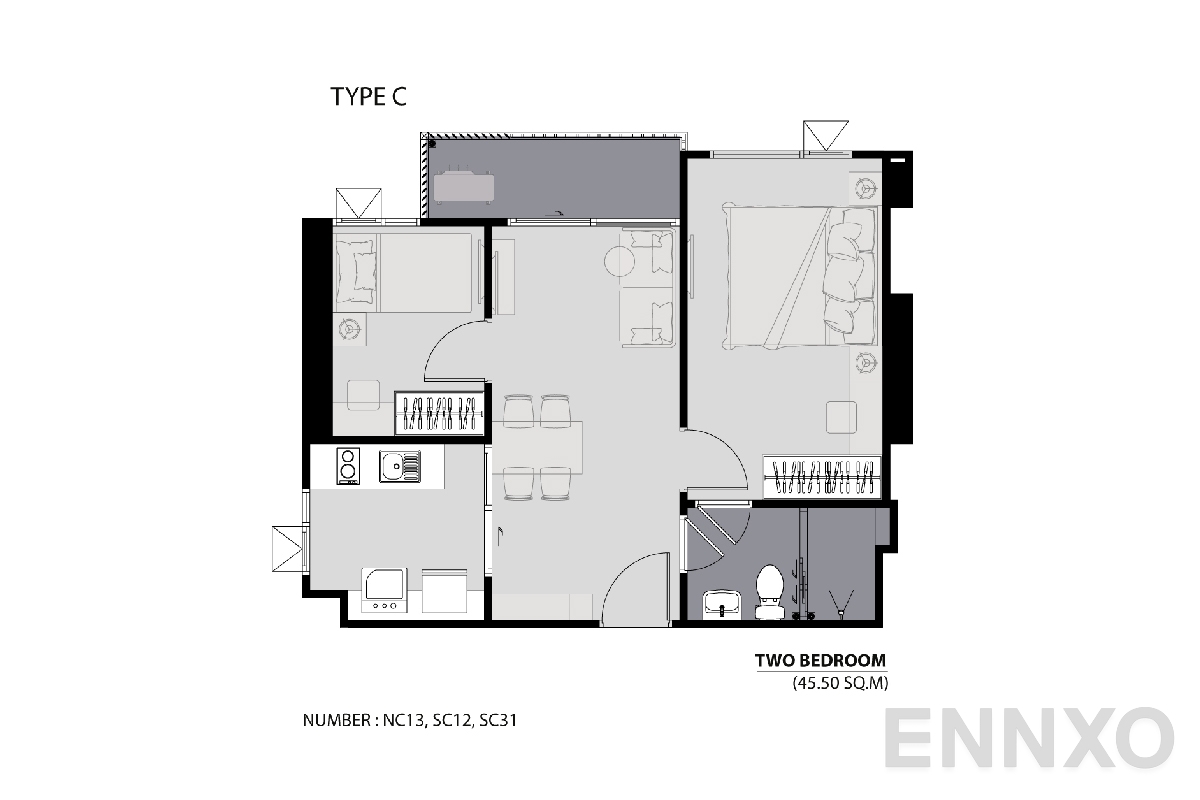 รูปแปลนห้อง TYPE C 45.5 SQ.M. ของโครงการ แอสปาย รัตนาธิเบศร์ 2