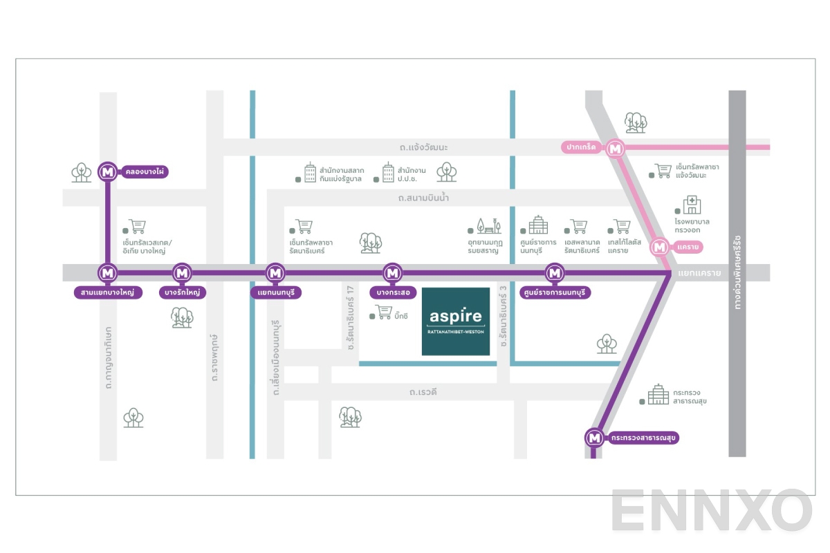 ภาพแผนที่แสดงที่ตั้งโครงการ ASPIRE Rattanathibet-Weston
(แอสปาย รัตนาธิเบศร์-เวสต์ตัน) และสถานที่โดยรอบ