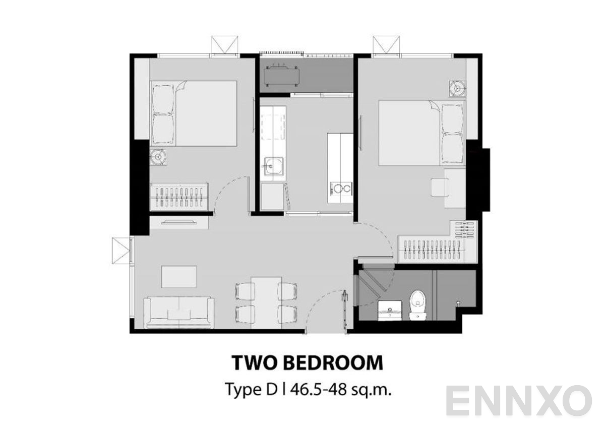 รูปแปลนห้อง 2 Bedroom ของโครงการ แอสปาย สาทร-ราชพฤกษ์