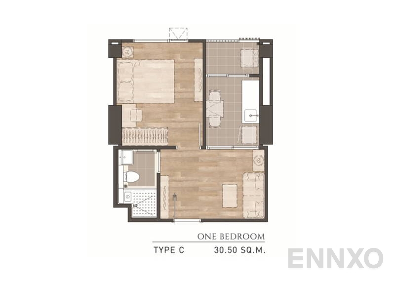 รูปแปลนห้อง 1 Bedroom TYPE C ของโครงการ แอสปาย สาทร - ท่าพระ