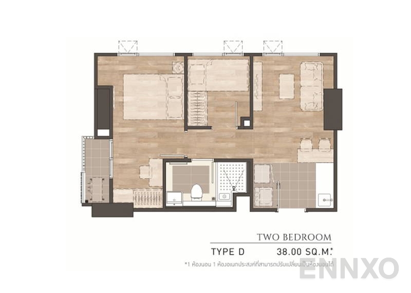 รูปแปลนห้อง 2 Bedroom TYPE D ของโครงการ แอสปาย สาทร - ท่าพระ