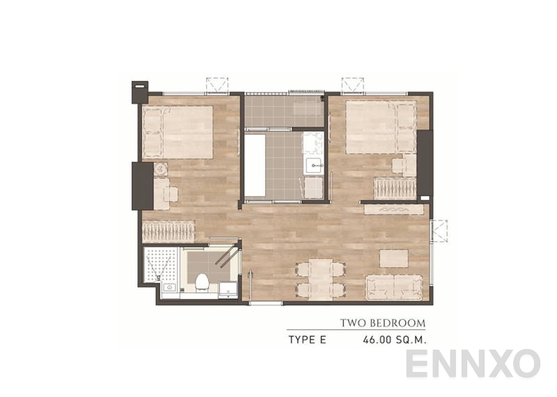 รูปแปลนห้อง 2 Bedroom TYPE E ของโครงการ แอสปาย สาทร - ท่าพระ