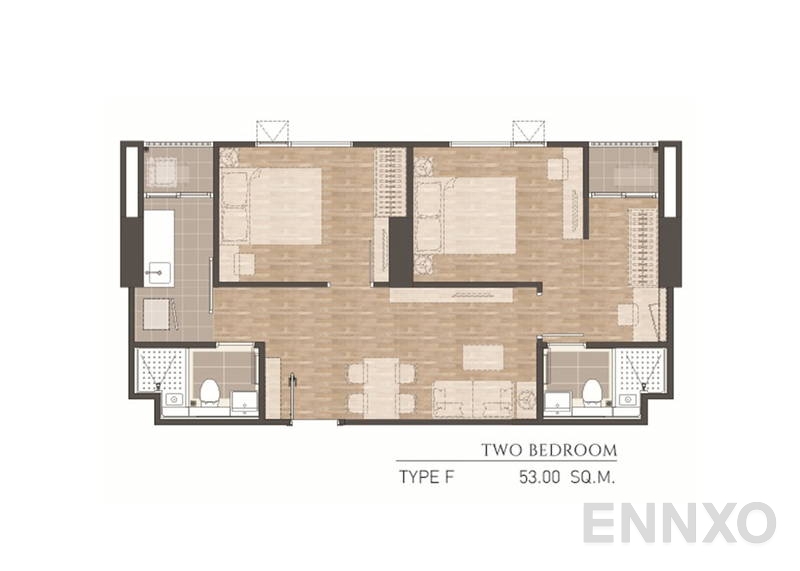 รูปแปลนห้อง 2 Bedroom TYPE F ของโครงการ แอสปาย สาทร - ท่าพระ