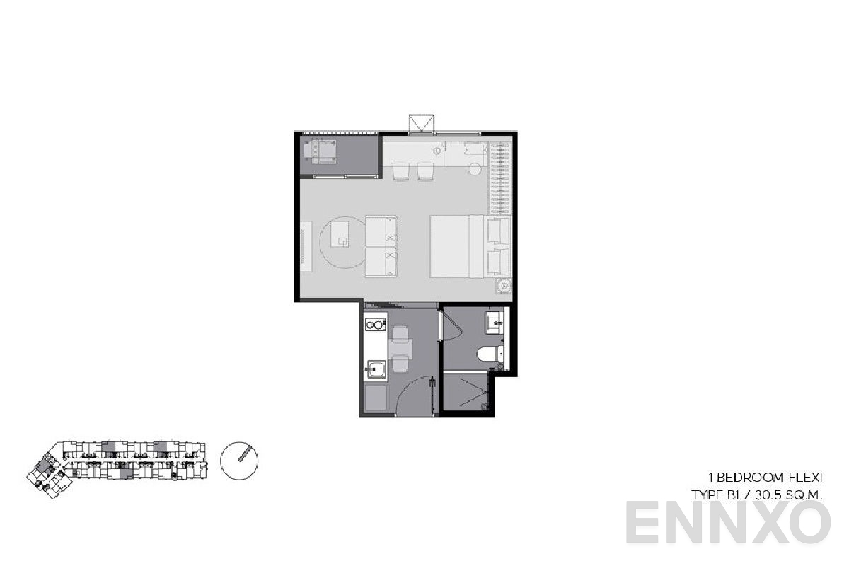 รูปแปลนห้อง 1 Bedroom Flexi ของโครงการ Aspire Sukhumvit-Onnut