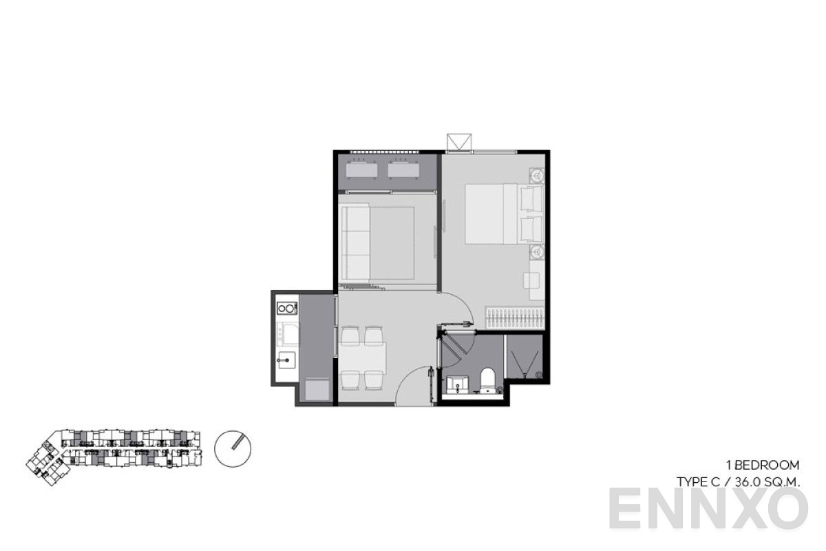 รูปแปลนห้อง 1 Bedroom ของโครงการ Aspire Sukhumvit-Onnut