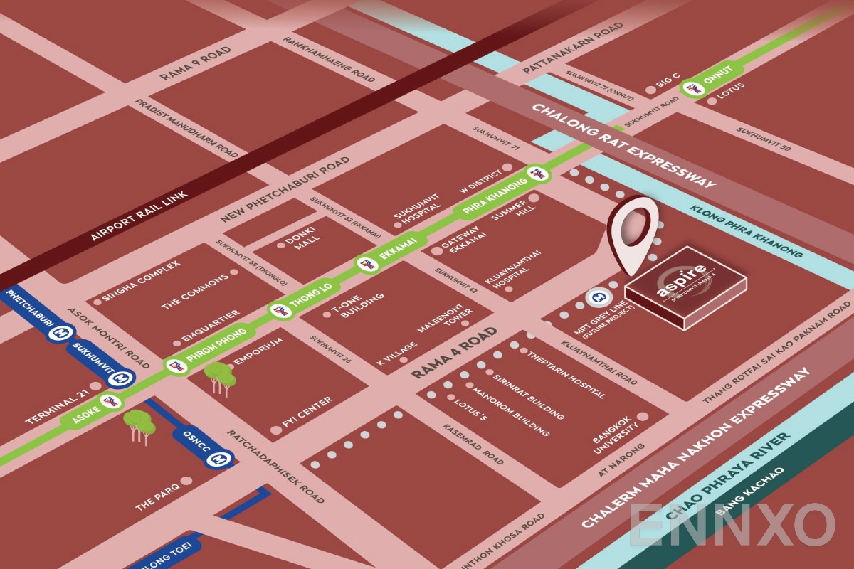 ภาพแผนที่แสดงที่ตั้งโครงการ Aspire Sukhumvit - Rama 4 และสถานที่โดยรอบ